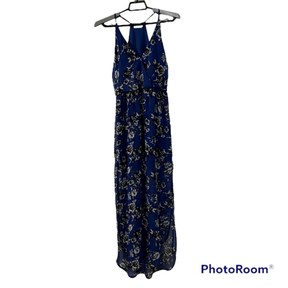 Lush Womens Blue Floral Print Sheer Lined Racerback Maxi Dress Hi Lo Slits Sz XS